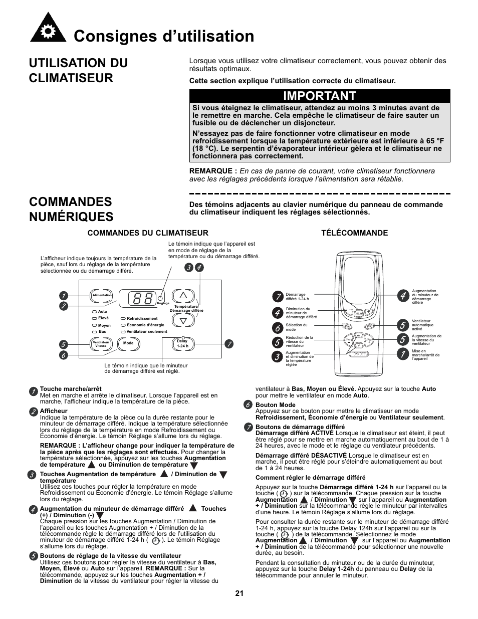 Consignes d’utilisation, Utilisation du climatiseur, Important | Commandes numériques, Commandes du climatiseur télécommande | Danby DAC10000 User Manual | Page 22 / 39