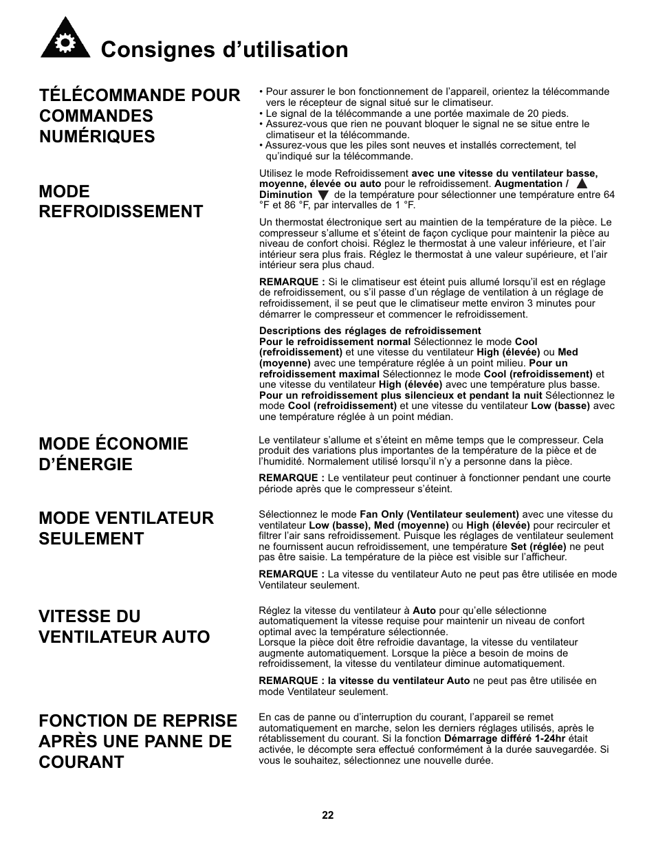 Consignes d’utilisation, Télécommande pour commandes numériques, Mode refroidissement mode économie d’énergie | Mode ventilateur seulement, Vitesse du ventilateur auto, Fonction de reprise après une panne de courant | Danby DAC10000 User Manual | Page 23 / 39