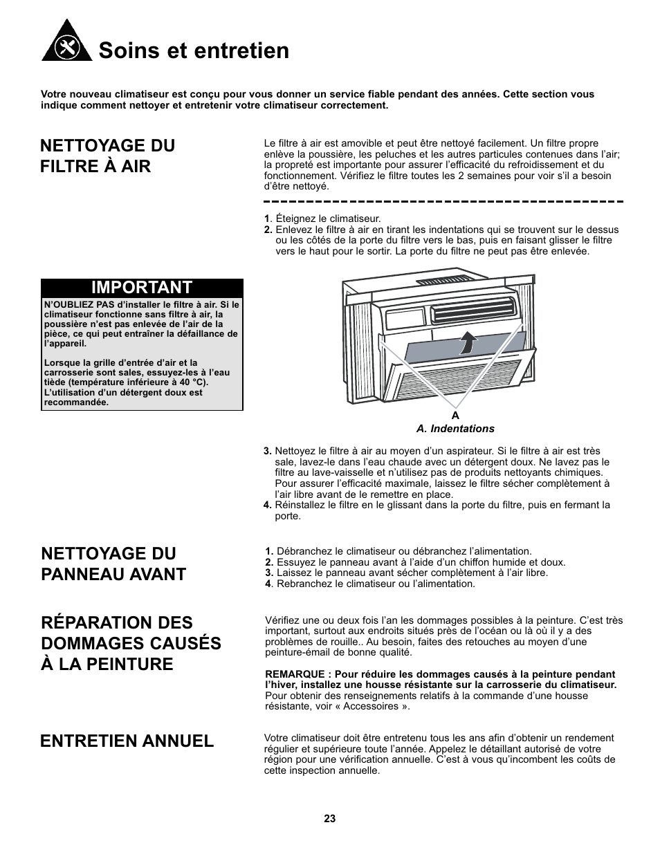 Soins et entretien, Nettoyage du filtre à air, Important | Nettoyage du panneau avant, Réparation des dommages causés à la peinture, Entretien annuel | Danby DAC10000 User Manual | Page 24 / 39