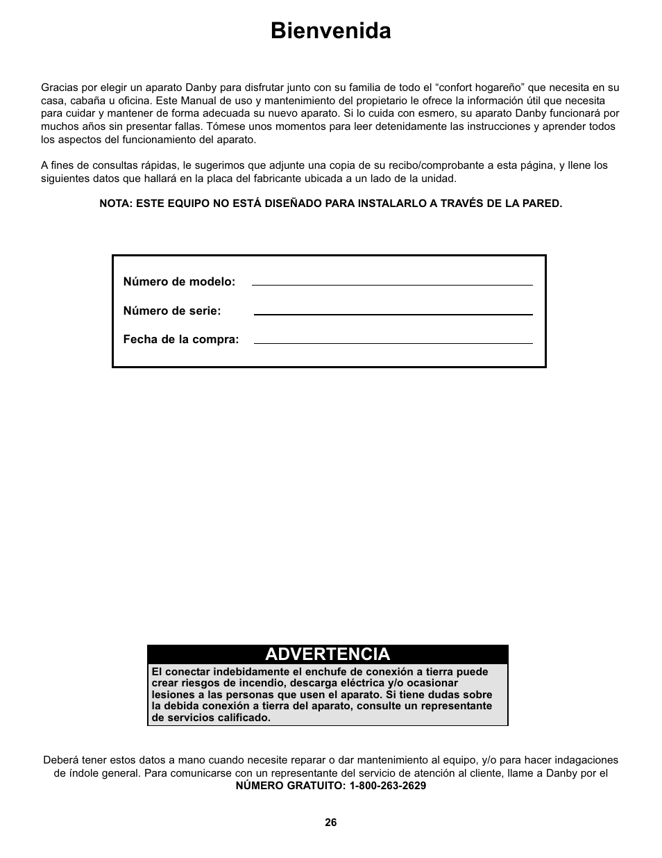 Bienvenida, Advertencia | Danby DAC10000 User Manual | Page 27 / 39