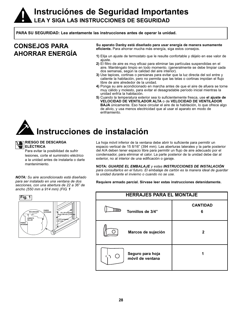 Instruciónes de seguridad importantes, Instrucciones de instalación, Consejos para ahorrar energía | Lea y siga las instrucciones de seguridad, Herrajes para el montaje | Danby DAC10000 User Manual | Page 29 / 39