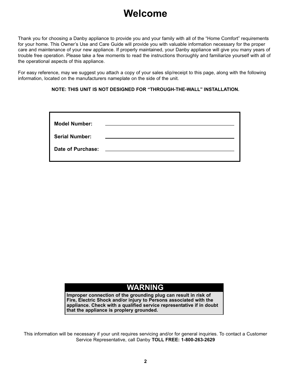 Welcome, Warning | Danby DAC10000 User Manual | Page 3 / 39