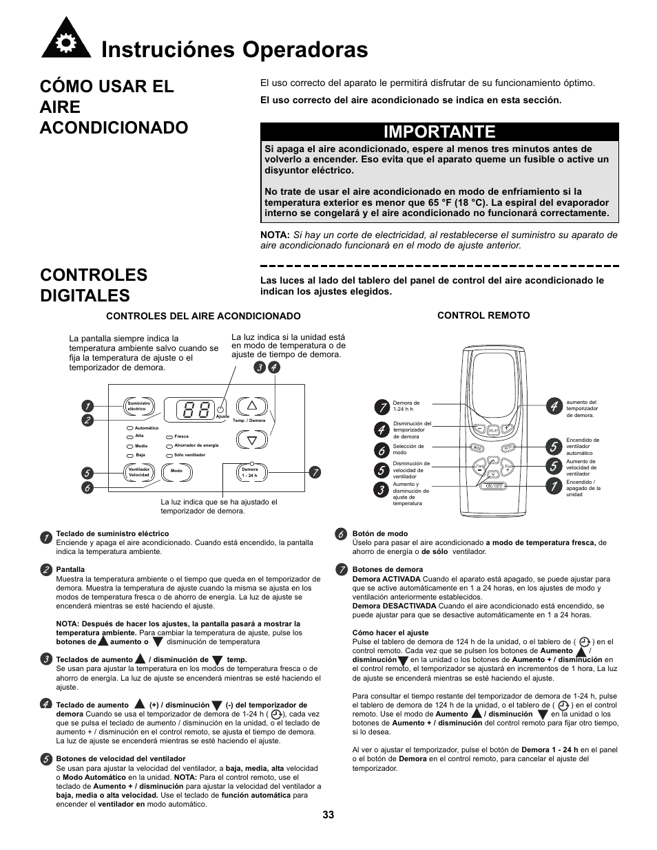 Instruciónes operadoras, Cómo usar el aire acondicionado, Importante | Controles digitales, Controles del aire acondicionado control remoto | Danby DAC10000 User Manual | Page 34 / 39