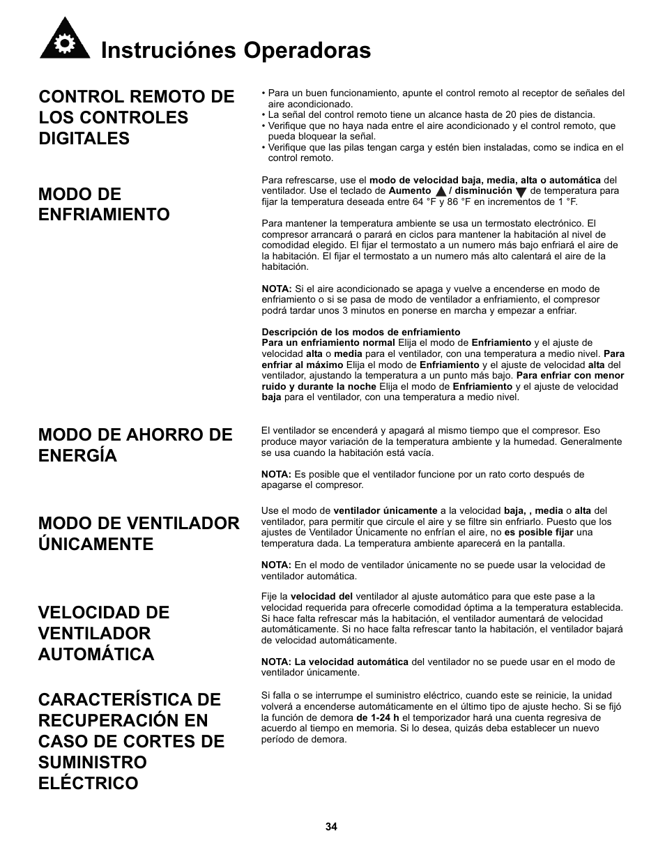 Instruciónes operadoras, Control remoto de los controles digitales, Modo de enfriamiento modo de ahorro de energía | Modo de ventilador únicamente, Velocidad de ventilador automática | Danby DAC10000 User Manual | Page 35 / 39