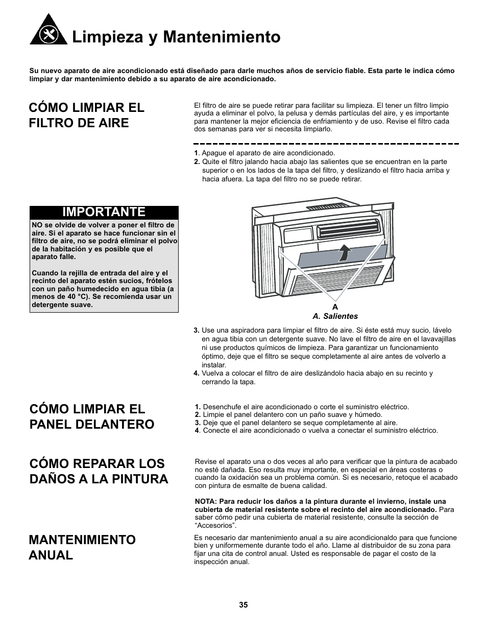 Limpieza y mantenimiento, Cómo limpiar el filtro de aire, Importante | Cómo limpiar el panel delantero, Cómo reparar los daños a la pintura, Mantenimiento anual | Danby DAC10000 User Manual | Page 36 / 39