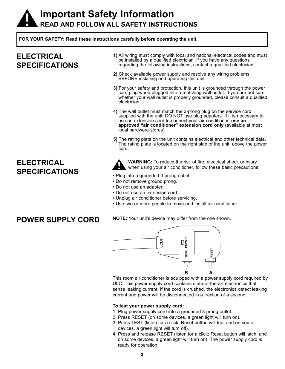 Important safety information, Electrical specifications, Power supply cord | Read and follow all safety instructions | Danby DAC10000 User Manual | Page 4 / 39