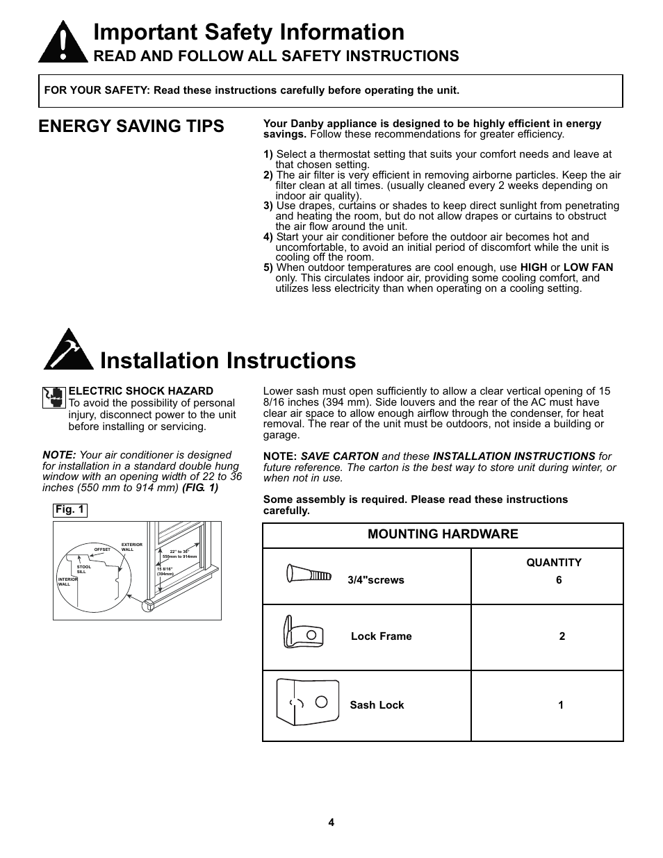 Important safety information, Installation instructions, Energy saving tips | Read and follow all safety instructions, Mounting hardware | Danby DAC10000 User Manual | Page 5 / 39