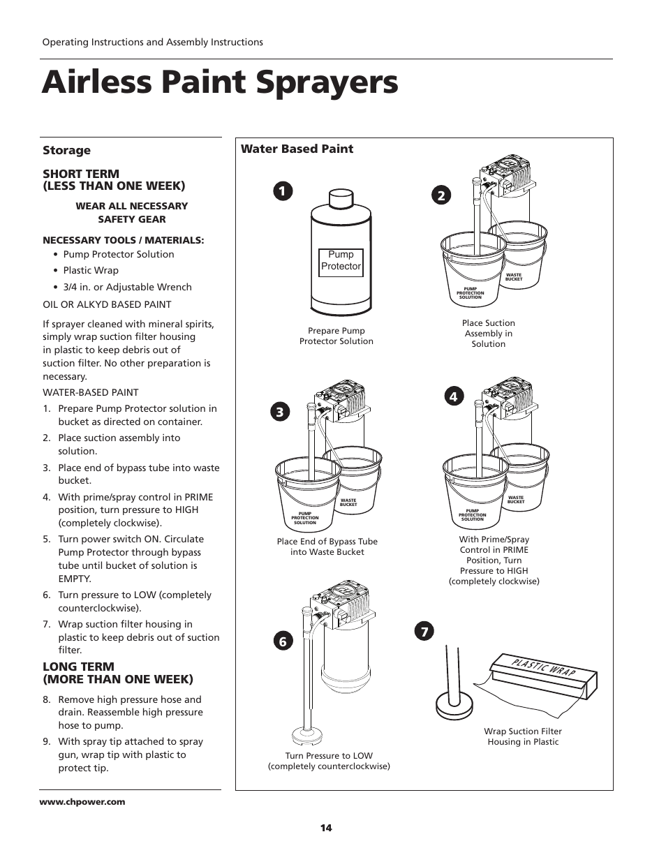 Airless paint sprayers, Storage short term (less than one week), Long term (more than one week) | Water based paint | Campbell Hausfeld PS271D User Manual | Page 14 / 24