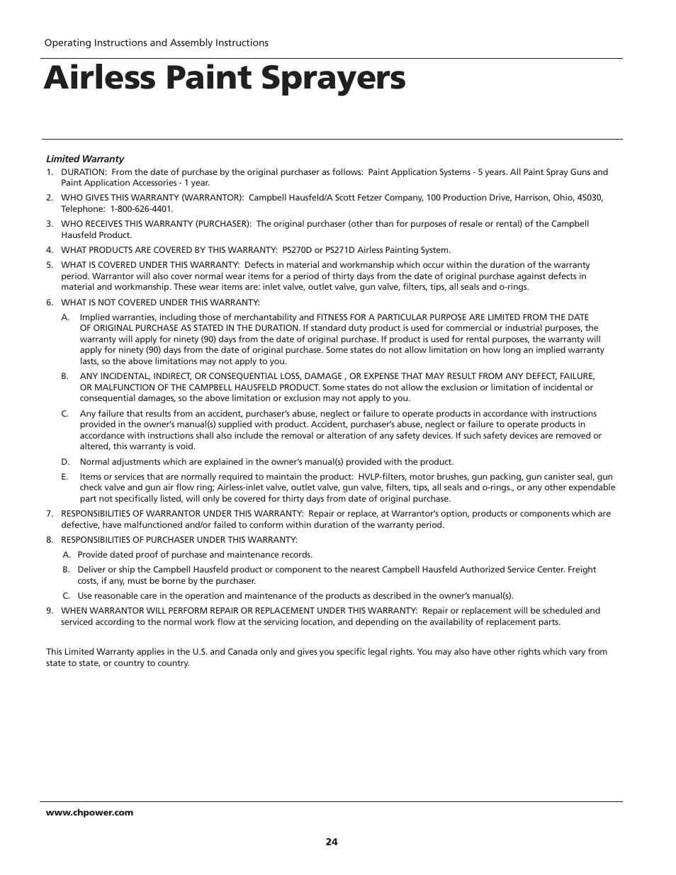 Airless paint sprayers | Campbell Hausfeld PS271D User Manual | Page 24 / 24