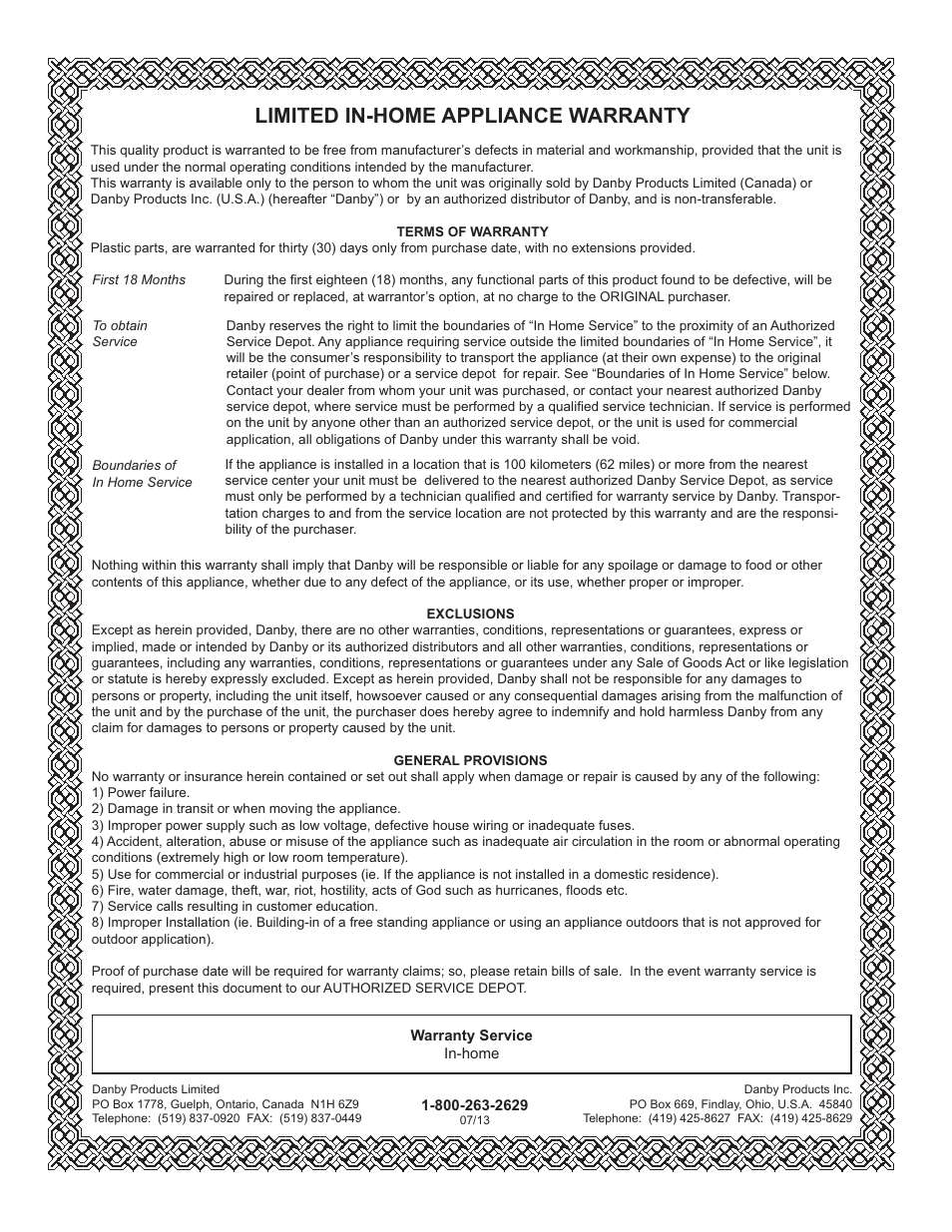 Limited in-home appliance warranty | Danby DPA100D1MDD User Manual | Page 14 / 37
