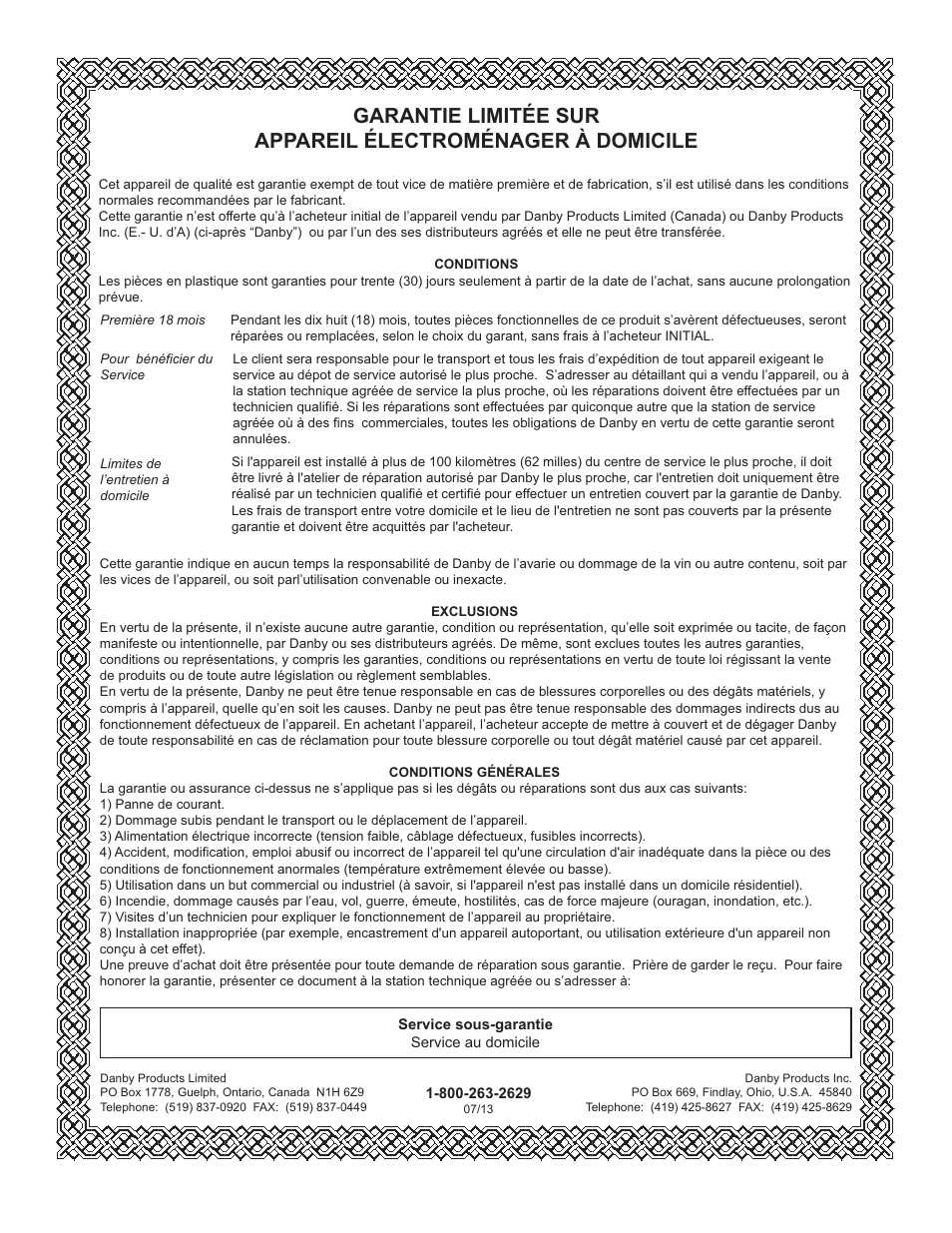Limited in-home appliance warranty | Danby DPA100D1MDD User Manual | Page 25 / 37