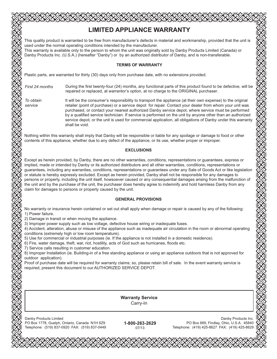 Limited in-home appliance warranty, Limited appliance warranty | Danby ADR70B1C User Manual | Page 15 / 40