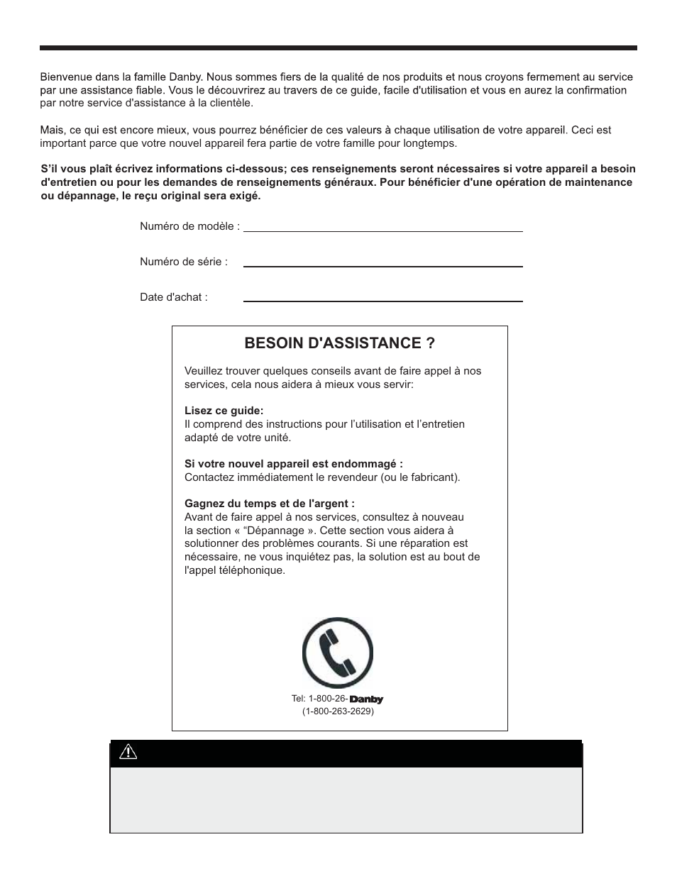 Bienvenue, Avertissement, Besoin d'assistance | Danby ADR70B1C User Manual | Page 16 / 40