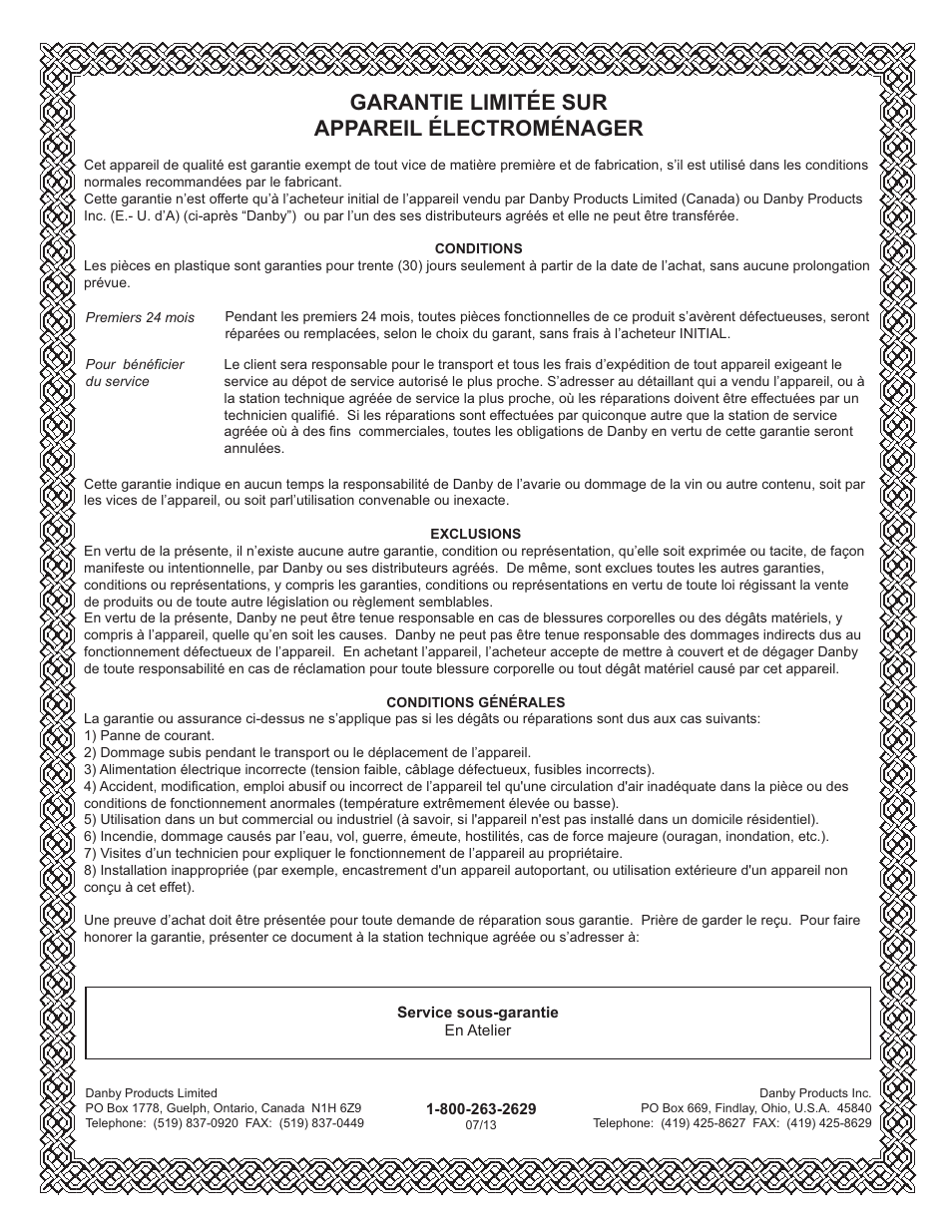 Limited in-home appliance warranty, Garantie limitée sur appareil électroménager | Danby ADR70B1C User Manual | Page 27 / 40