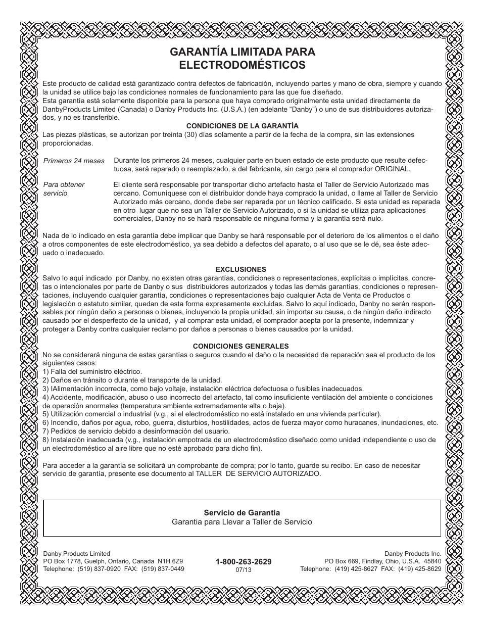 Limited in-home appliance warranty, Garantía limitada para electrodomésticos | Danby ADR70B1C User Manual | Page 39 / 40