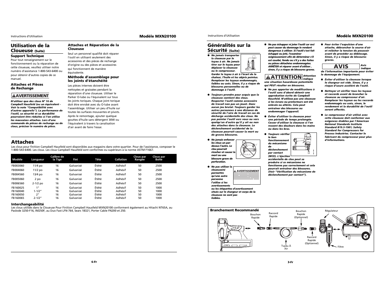 O i l, Avis, Attention | Attaches, Utilisation de la cloueuse, Généralités sur la sécurité | Campbell Hausfeld MXN20100 User Manual | Page 11 / 12