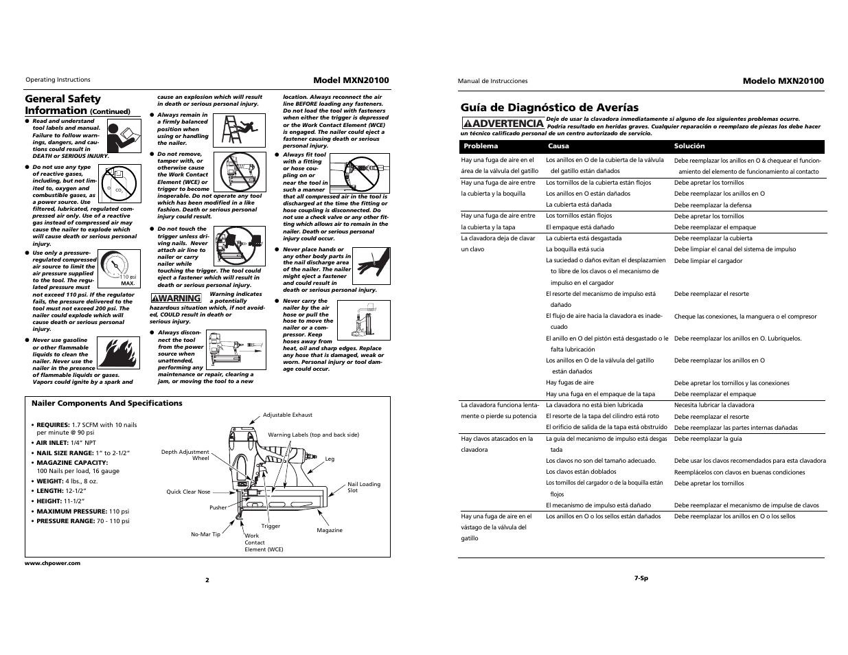 Campbell, Guía de diagnóstico de averías, Advertencia | General safety information | Campbell Hausfeld MXN20100 User Manual | Page 2 / 12