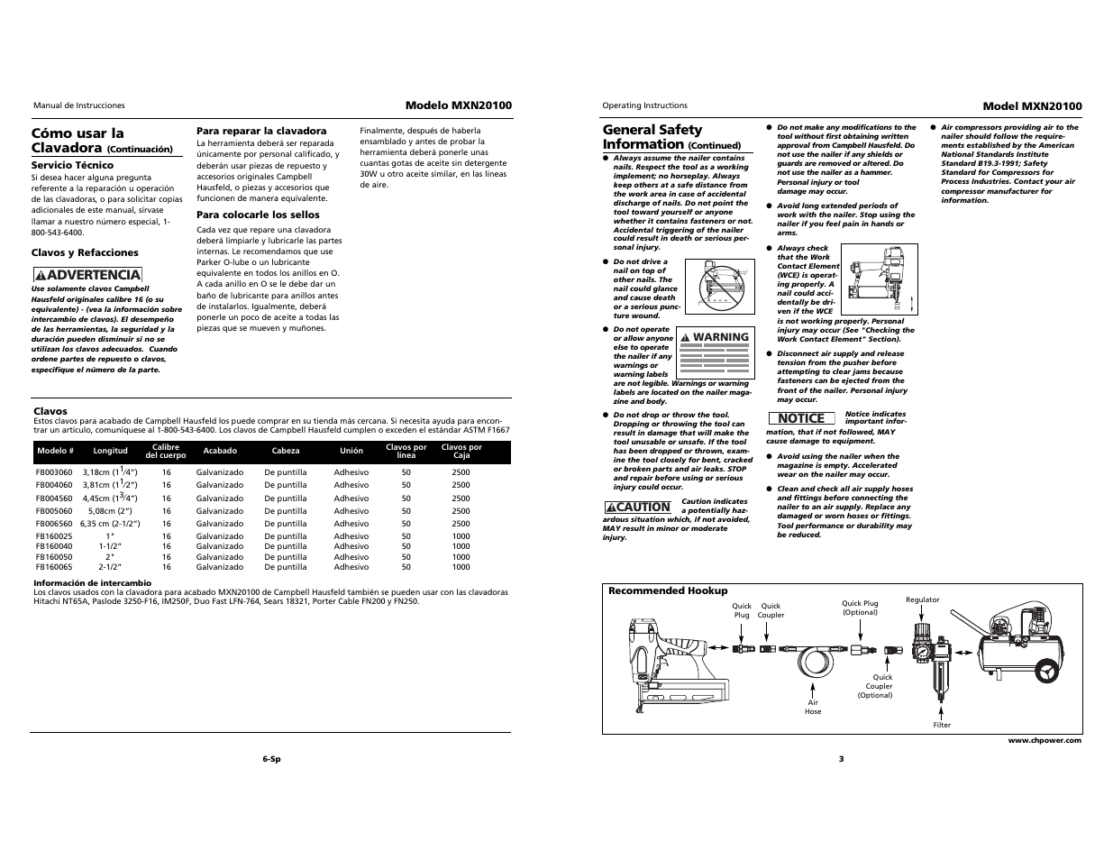 O i l, Cómo usar la clavadora, Advertencia | General safety information, Notice | Campbell Hausfeld MXN20100 User Manual | Page 3 / 12