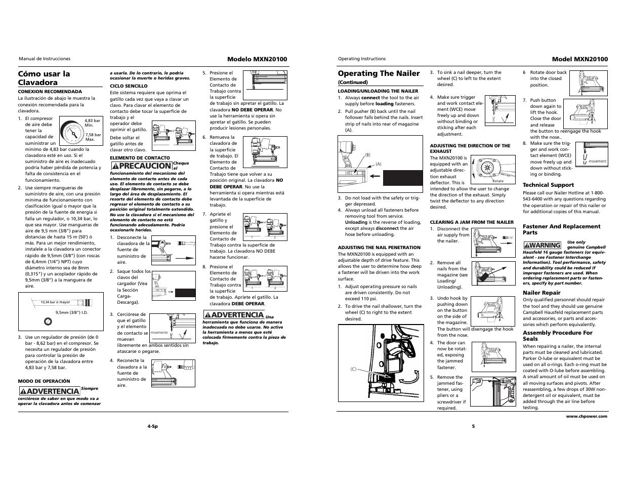 Built to last, Precaucion, Cómo usar la clavadora | Advertencia, Operating the nailer | Campbell Hausfeld MXN20100 User Manual | Page 5 / 12