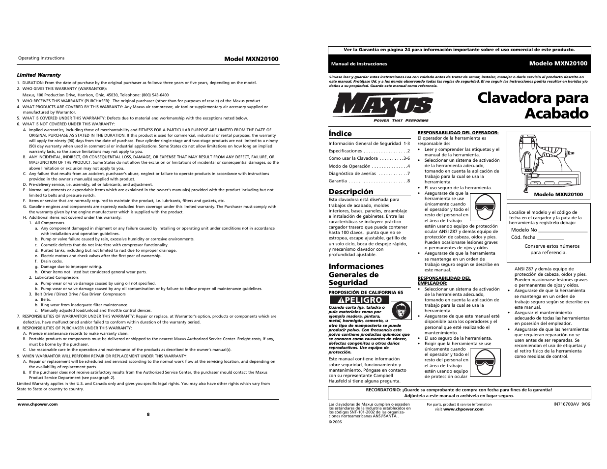 Clavadora para acabado, Peligro, Índice | Descripción, Informaciones generales de seguridad | Campbell Hausfeld MXN20100 User Manual | Page 8 / 12