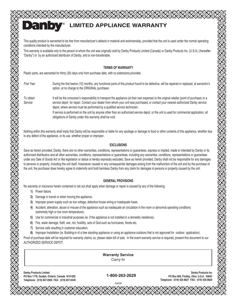 Limited appliance warranty | Danby DDR30B1GB User Manual | Page 14 / 39