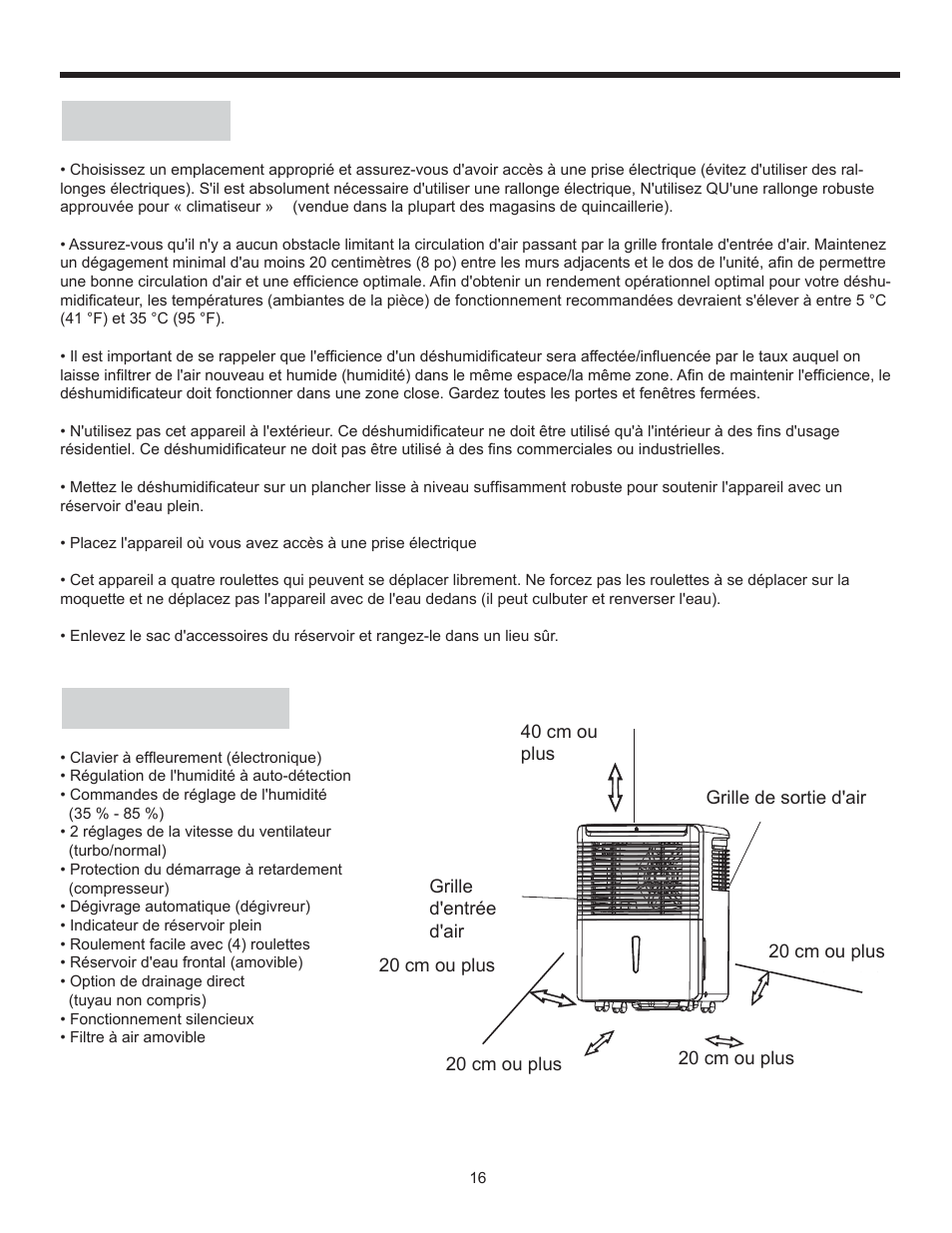 Consignes d'installation, Emplacement, Caractéristiques | Danby DDR30B1GB User Manual | Page 18 / 39