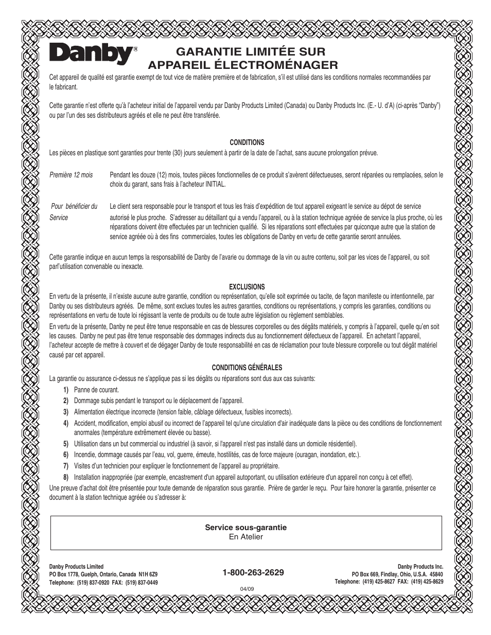 Garantie limitée sur appareil électroménager | Danby DDR30B1GB User Manual | Page 26 / 39