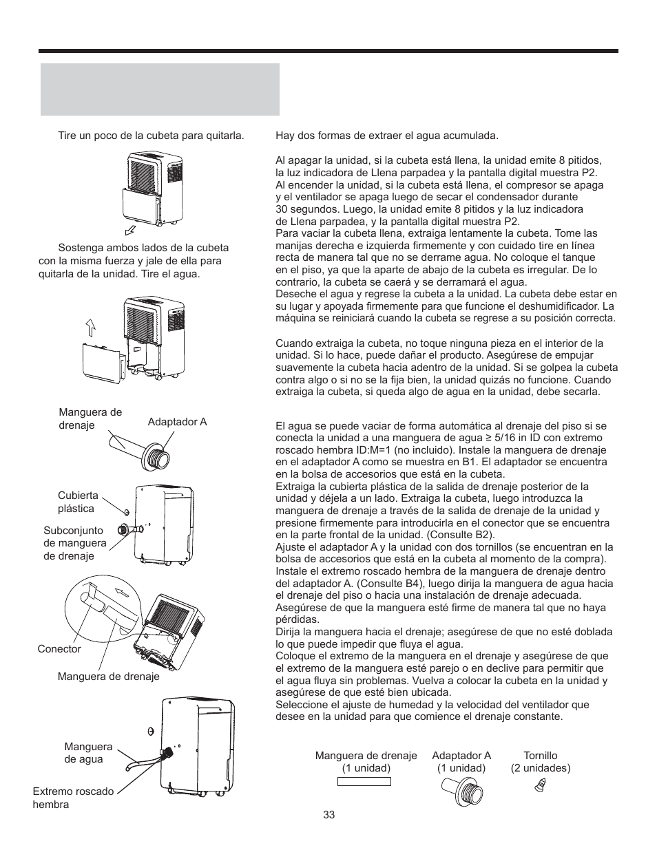 Instrucciones de funcionamiento, Extracción del agua acumulada | Danby DDR30B1GB User Manual | Page 35 / 39