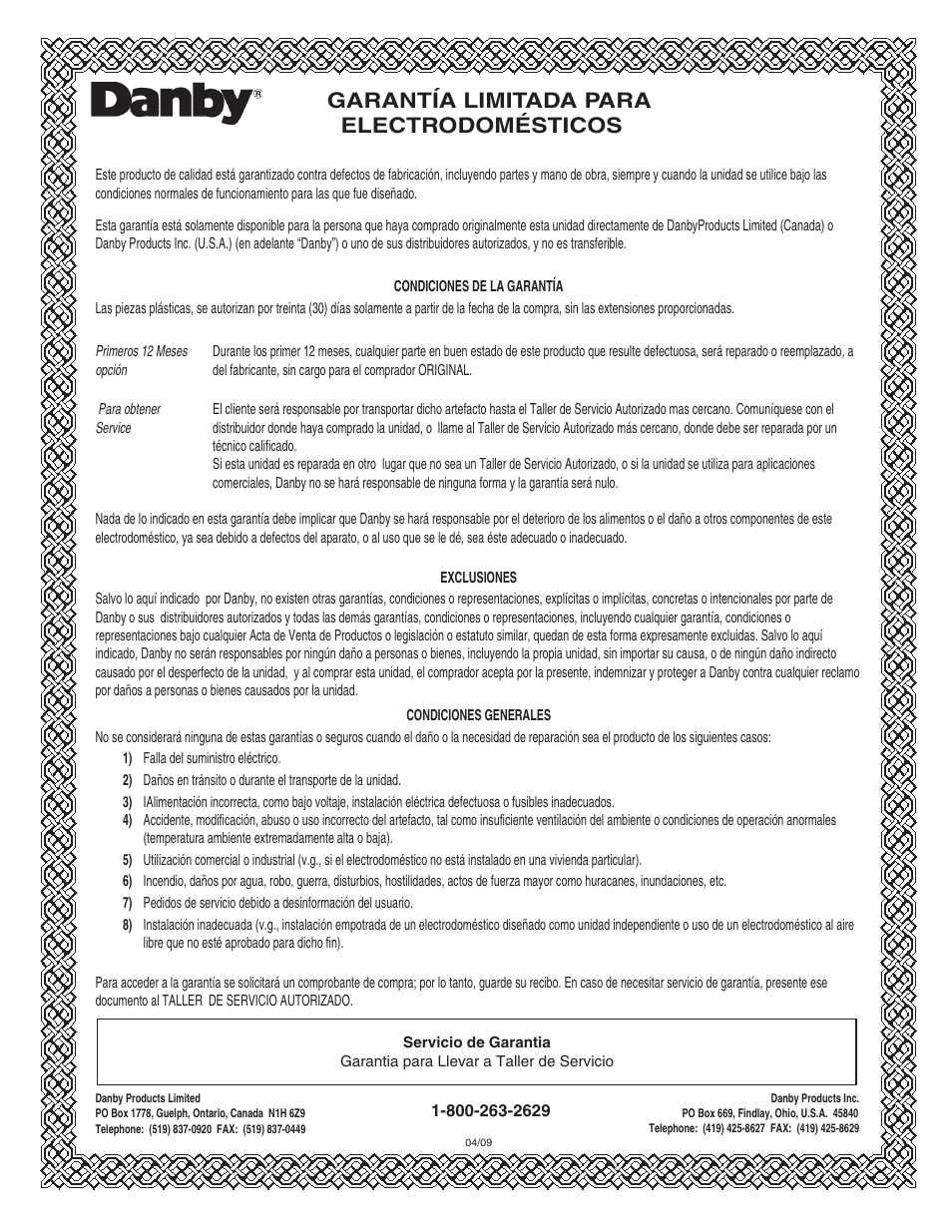 Garantía limitada para electrodomésticos | Danby DDR30B1GB User Manual | Page 38 / 39