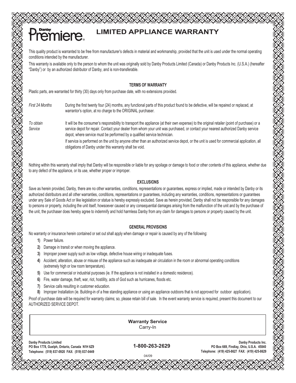 Limited appliance warranty | Danby DDR30B1GP User Manual | Page 26 / 39