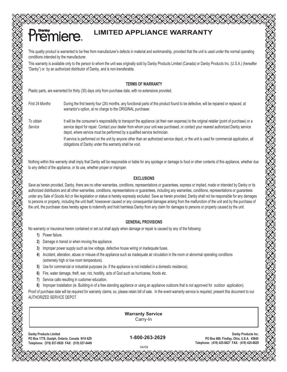 Limited appliance warranty | Danby DDR30B1GP User Manual | Page 38 / 39