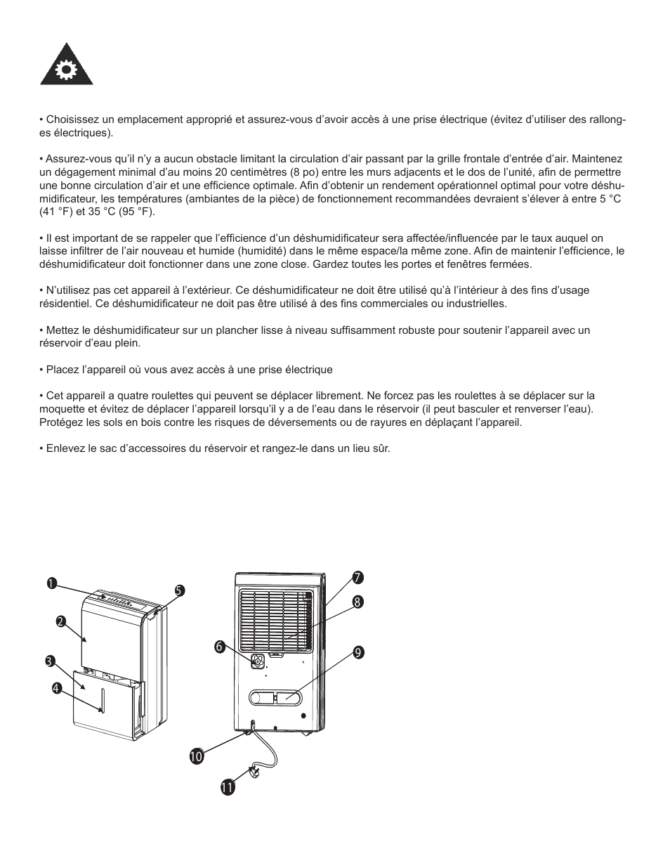 Consignes d’utilisation, Emplacement caractéristiques | Danby DDR45B3WP User Manual | Page 21 / 48