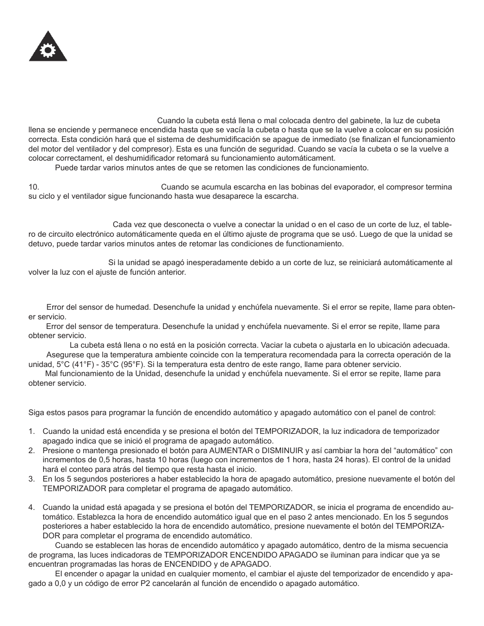 Instrucciones operadoras, Funciones del temporizador, Códigos de error | Funciones de la luz indicadora | Danby DDR45B3WP User Manual | Page 37 / 48