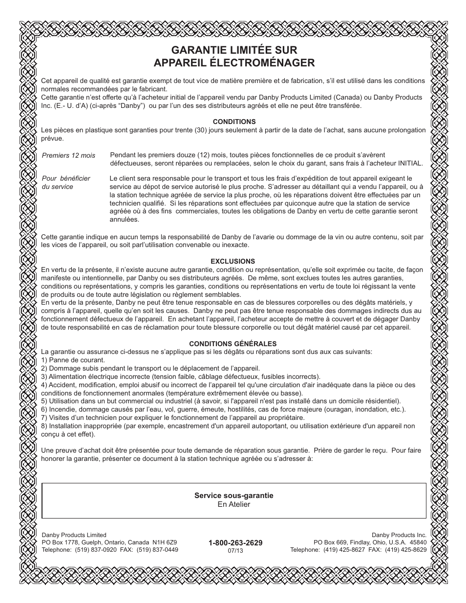 Limited in-home appliance warranty, Garantie limitée sur appareil électroménager | Danby DDR45A3GDB User Manual | Page 27 / 40