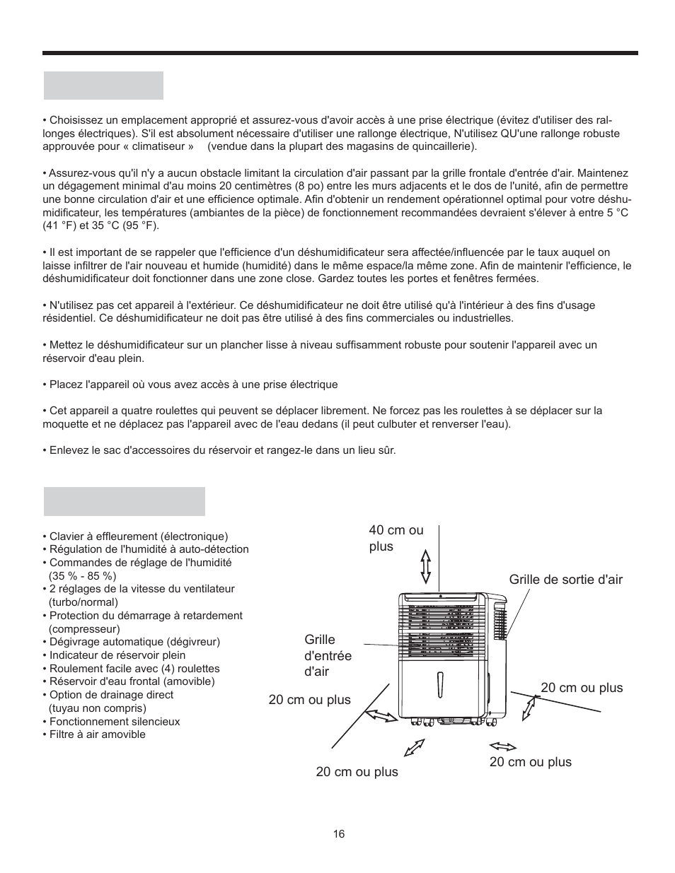 Consignes d'installation, Emplacement, Caractéristiques | Danby DDR70B1CP User Manual | Page 18 / 39