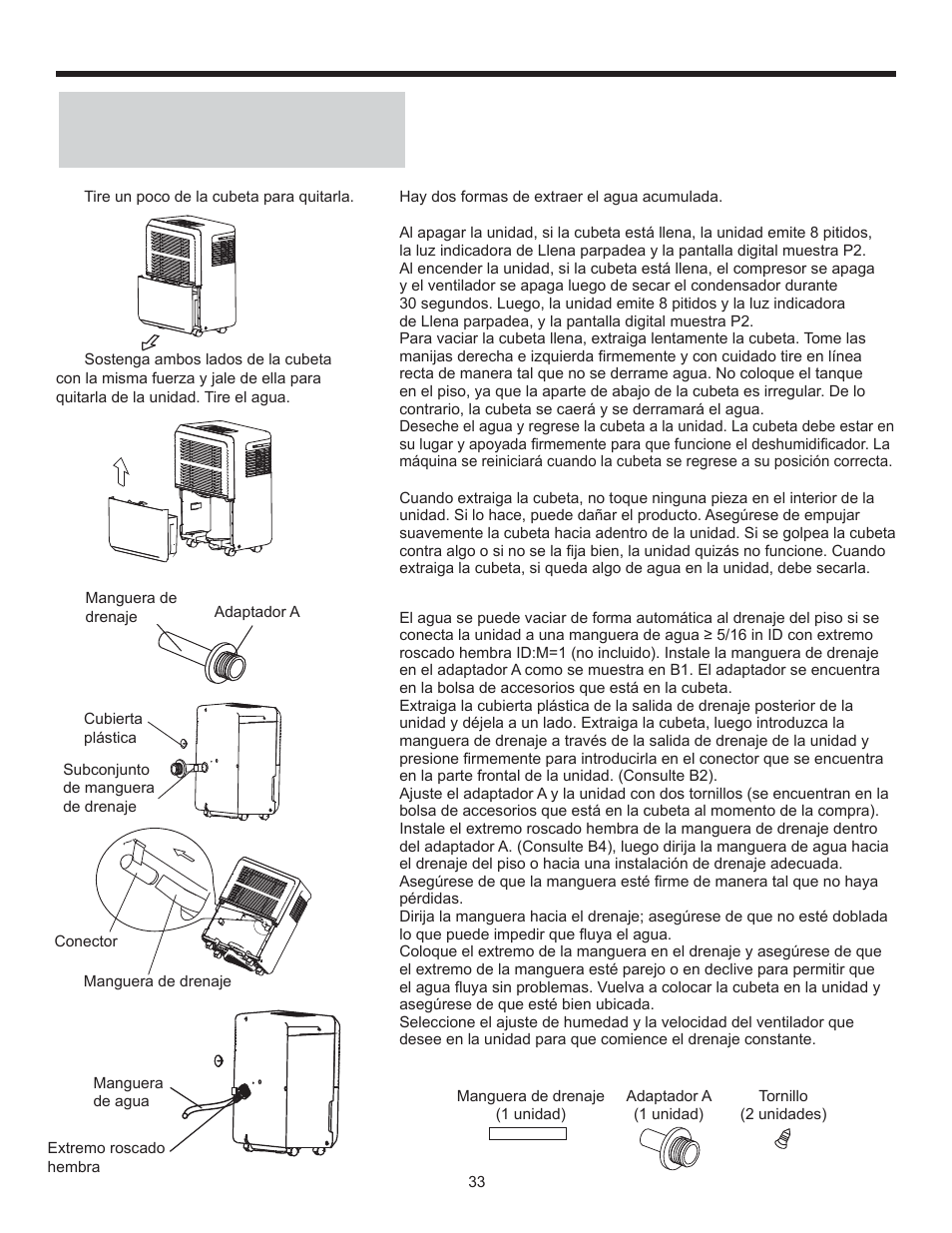 Instrucciones de funcionamiento, Extracción del agua acumulada | Danby DDR70B1CP User Manual | Page 35 / 39