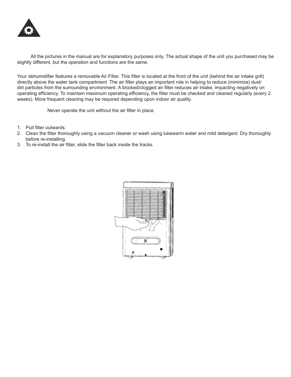 Operating instructions, Air filter | Danby DDR60B3WP User Manual | Page 12 / 48