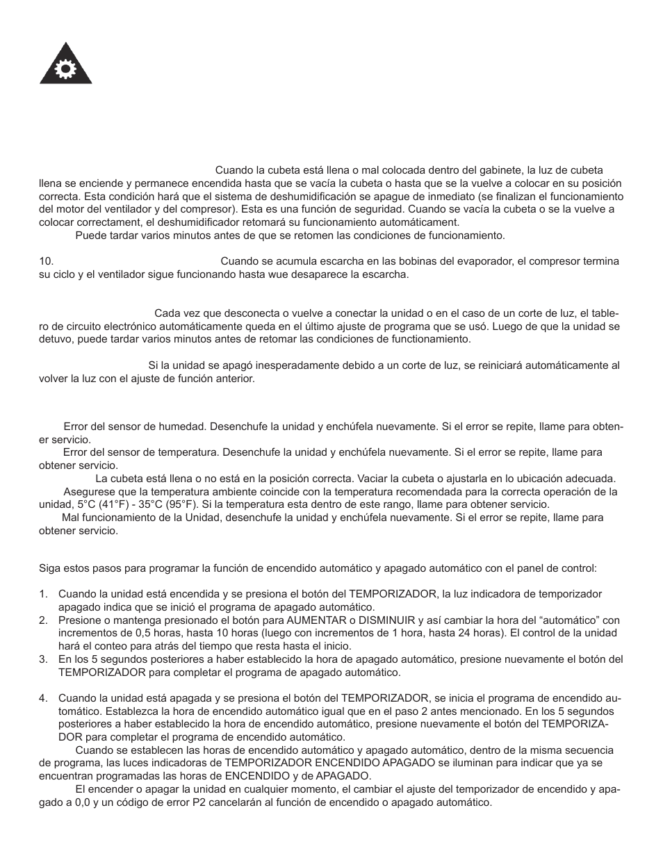 Instrucciones operadoras, Funciones del temporizador, Códigos de error | Funciones de la luz indicadora | Danby DDR60B3WP User Manual | Page 37 / 48