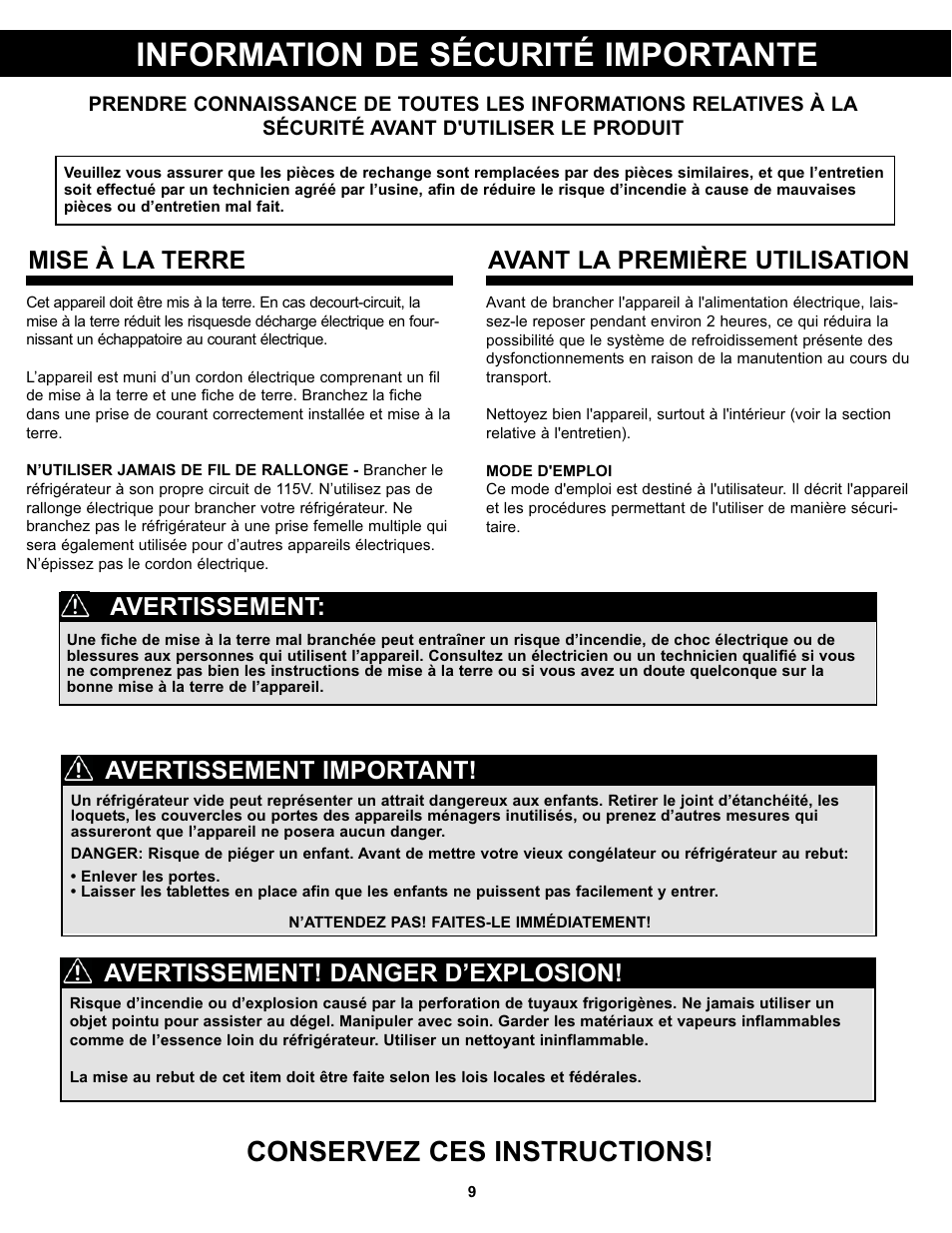 Information de sécurité importante, Conservez ces instructions, Mise à la terre | Avant la première utilisation, Avertissement! danger d’explosion, Avertissement important! avertissement | Danby DAR017A2BDD User Manual | Page 11 / 27