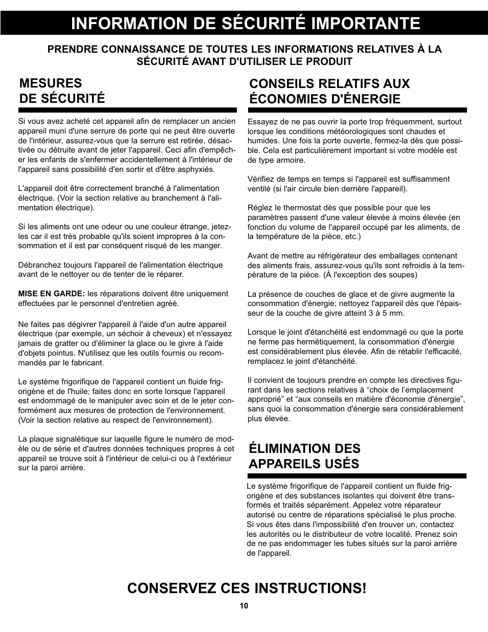 Information de sécurité importante, Conservez ces instructions, Élimination des appareils usés | Mesures de sécurité, Conseils relatifs aux économies d'énergie | Danby DAR017A2BDD User Manual | Page 12 / 27