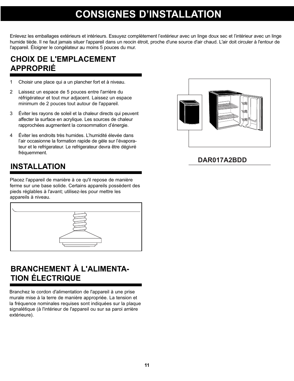 Consignes d’installation, Choix de l'emplacement approprié installation, Branchement à l'alimenta- tion électrique | Dar017a2bdd | Danby DAR017A2BDD User Manual | Page 13 / 27