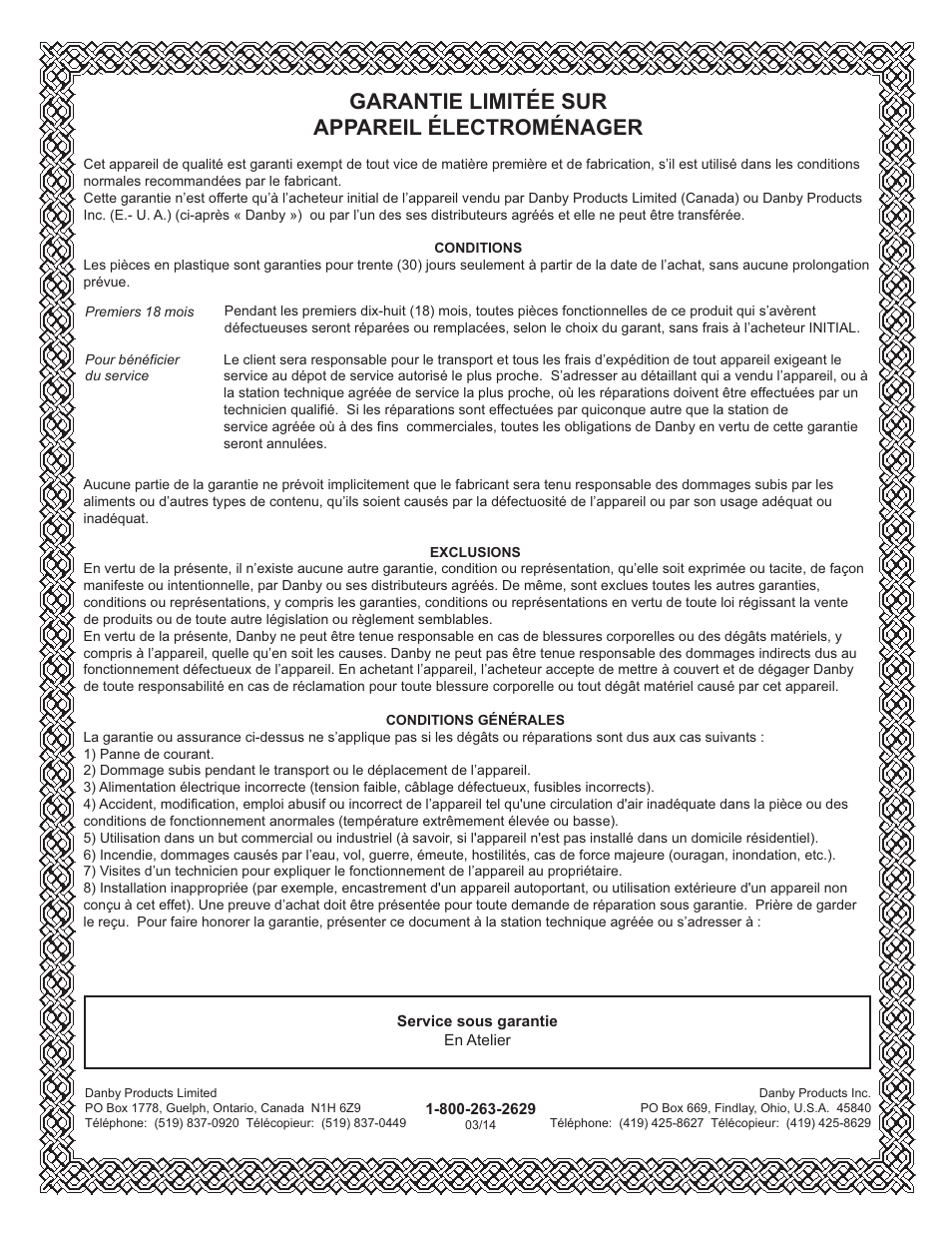 Limited in-home appliance warranty, Garantie limitée sur appareil électroménager | Danby DAR017A2BDD User Manual | Page 18 / 27