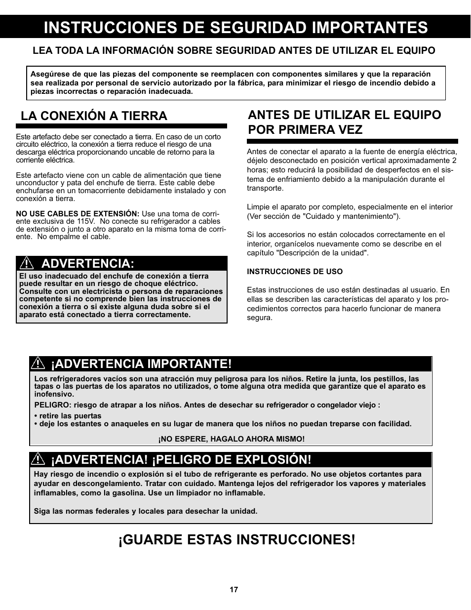 Instrucciones de seguridad importantes, Guarde estas instrucciones, La conexión a tierra | Advertencia! ¡peligro de explosión, Advertencia importante | Danby DAR017A2BDD User Manual | Page 19 / 27