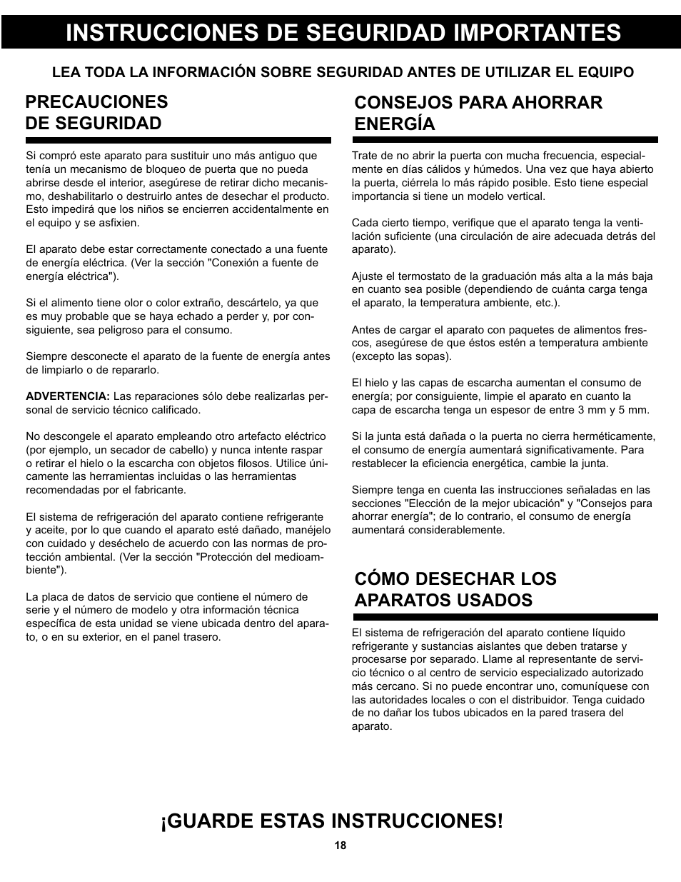 Instrucciones de seguridad importantes, Guarde estas instrucciones, Cómo desechar los aparatos usados | Precauciones de seguridad, Consejos para ahorrar energía | Danby DAR017A2BDD User Manual | Page 20 / 27