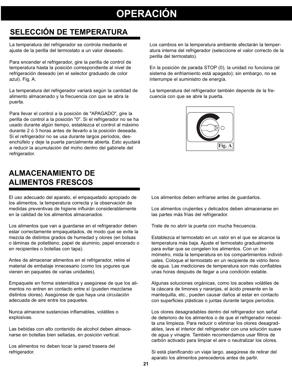 Operación, Almacenamiento de alimentos frescos, Selección de temperatura | Danby DAR017A2BDD User Manual | Page 23 / 27