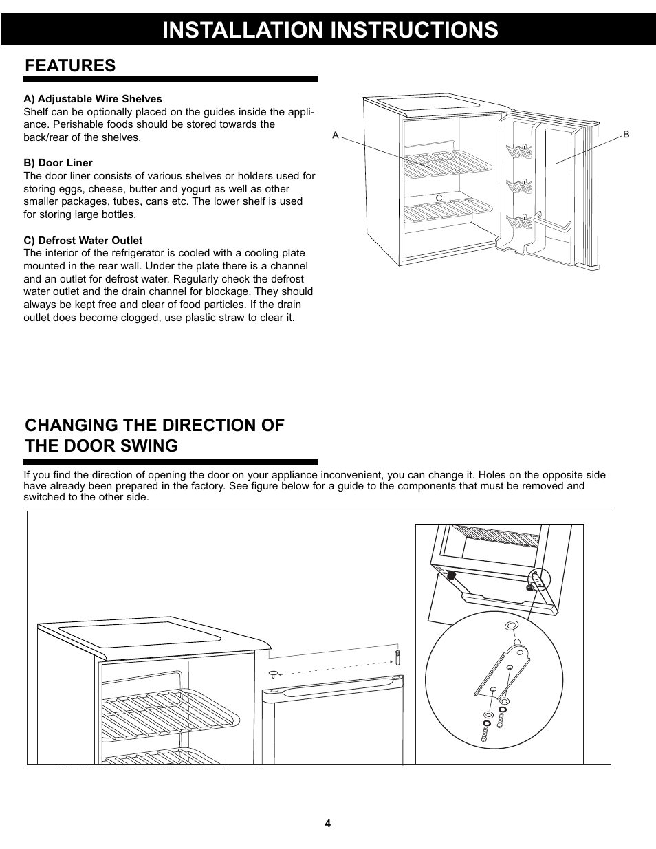 Installation instructions, Features, Changing the direction of the door swing | Danby DAR017A2BDD User Manual | Page 6 / 27