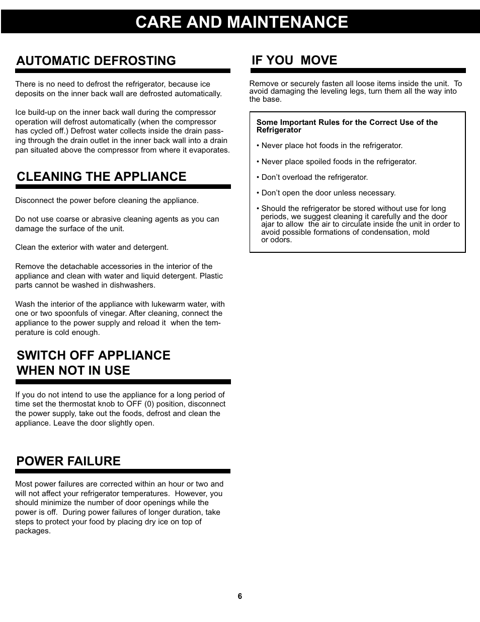 Care and maintenance, Automatic defrosting, Cleaning the appliance | Switch off appliance when not in use, Power failure, If you move | Danby DAR017A2BDD User Manual | Page 8 / 27
