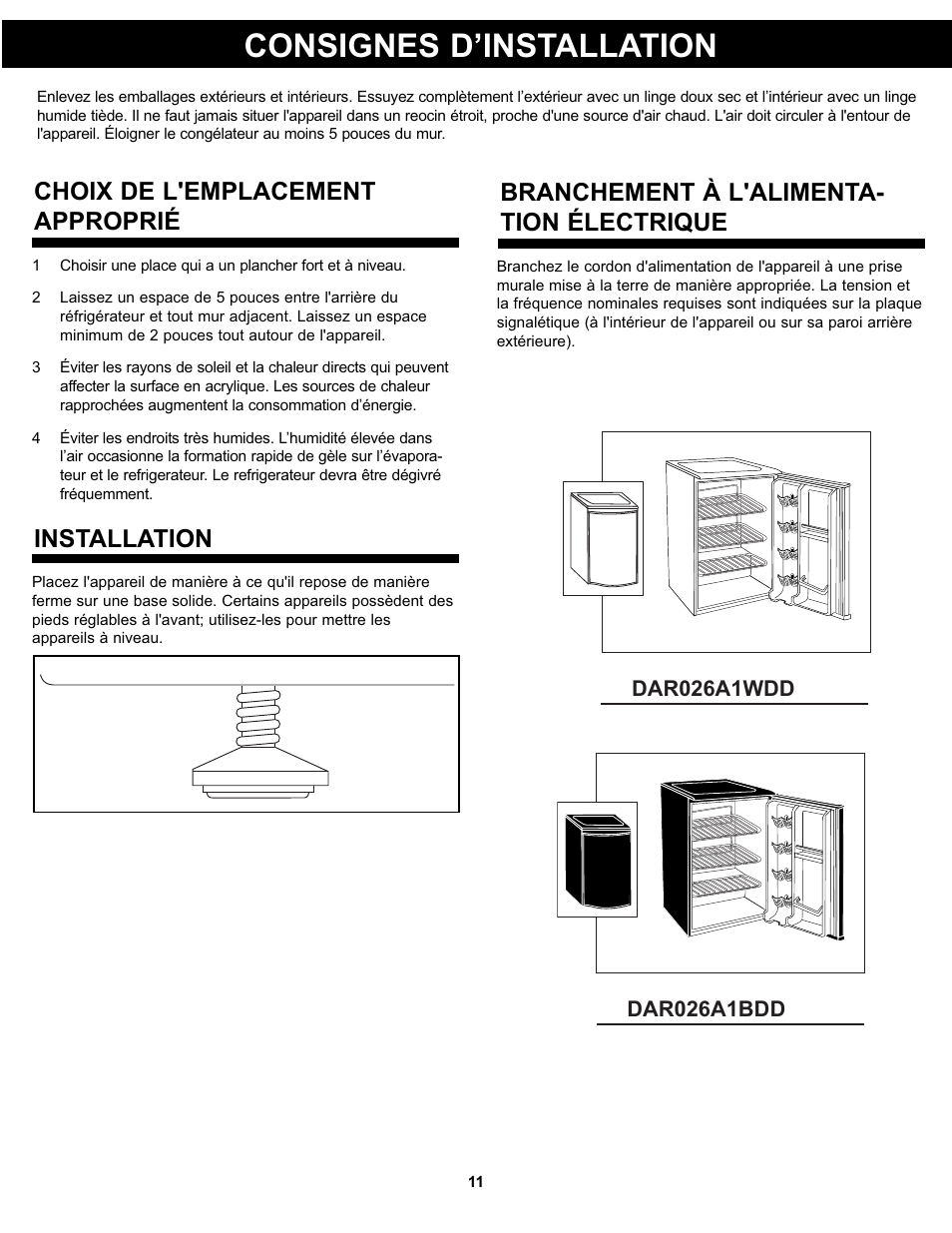 Consignes d’installation, Choix de l'emplacement approprié installation, Branchement à l'alimenta- tion électrique | Danby DAR026AWDD User Manual | Page 13 / 27