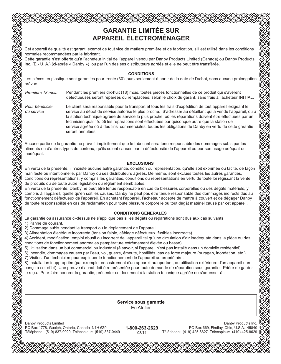Limited in-home appliance warranty, Garantie limitée sur appareil électroménager | Danby DAR026AWDD User Manual | Page 18 / 27