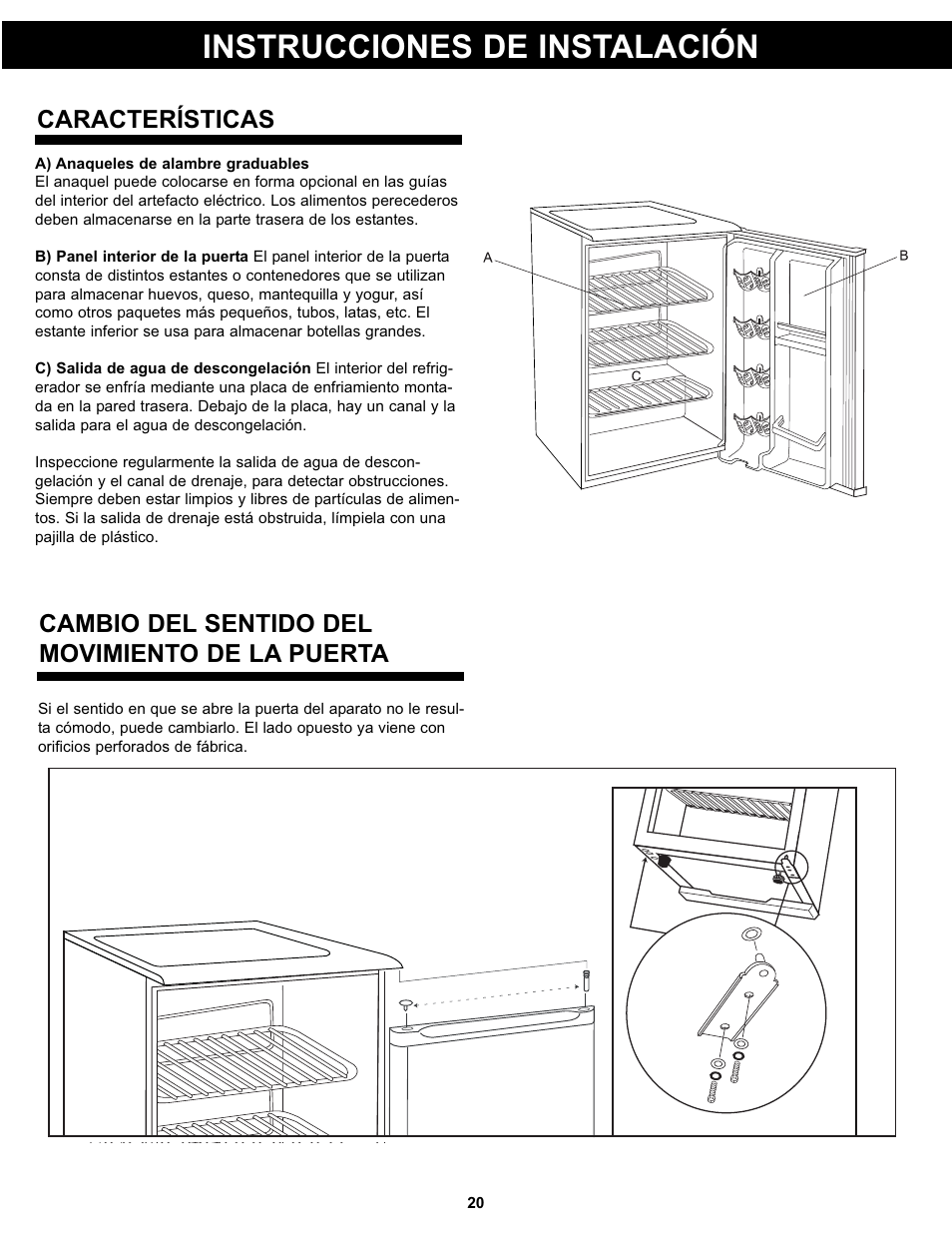 Instrucciones de instalación, Características, Cambio del sentido del movimiento de la puerta | Danby DAR026AWDD User Manual | Page 22 / 27